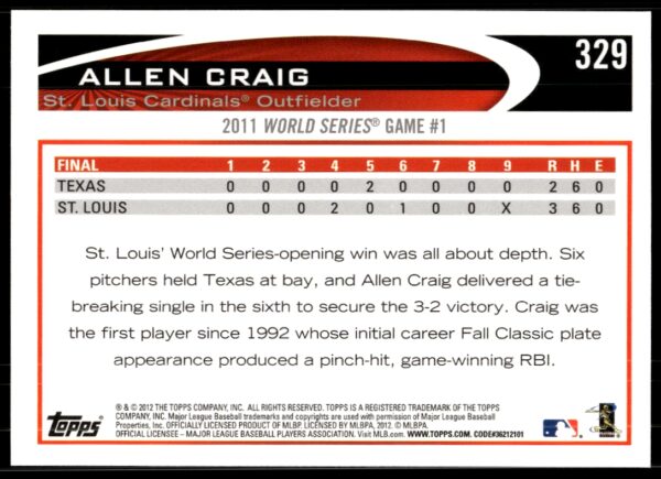 2012 Topps Allen Craig #329 (Back)