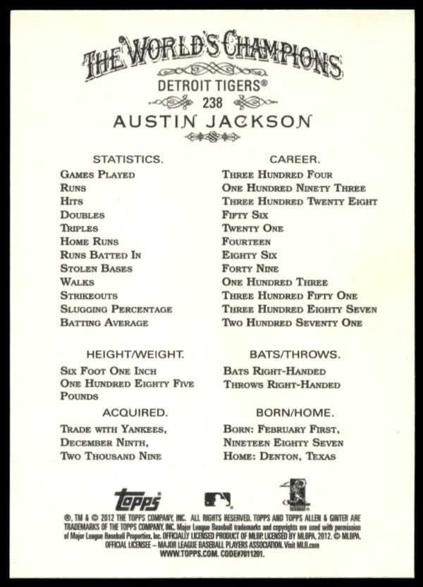 2012 Topps Allen & Ginter Austin Jackson #238 (Back)