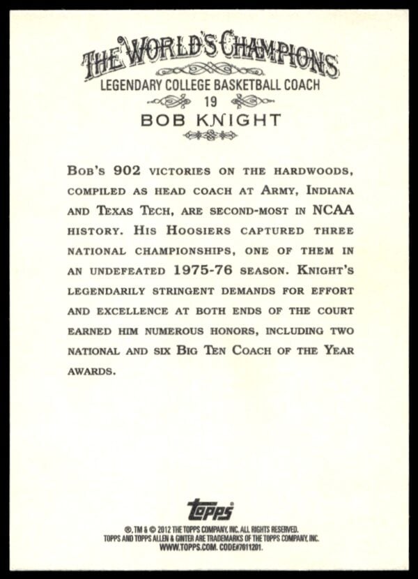 2012 Topps Allen & Ginter Bob Knight #19 (Back)