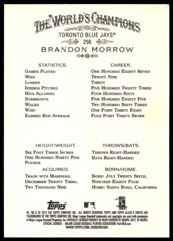 2012 Topps Allen & Ginter Brandon Morrow #256 (Back)