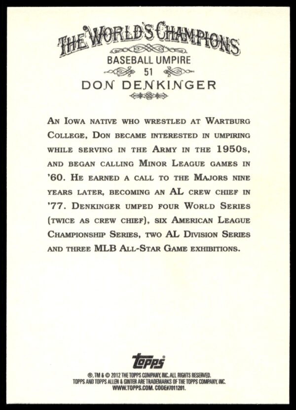 2012 Topps Allen & Ginter Don Denkinger #51 (Back)