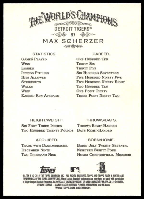 2012 Topps Allen & Ginter Max Scherzer #97 (Back)