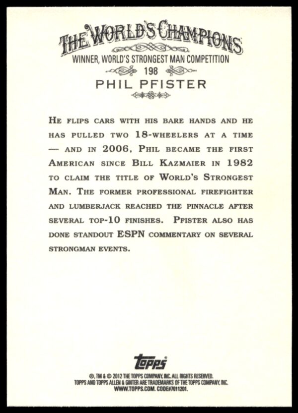 2012 Topps Allen & Ginter Phil Pfister #198 (Back)