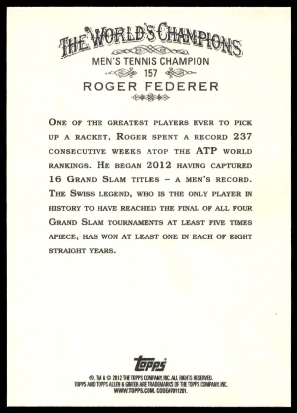 2012 Topps Allen & Ginter Roger Federer #157 (Back)