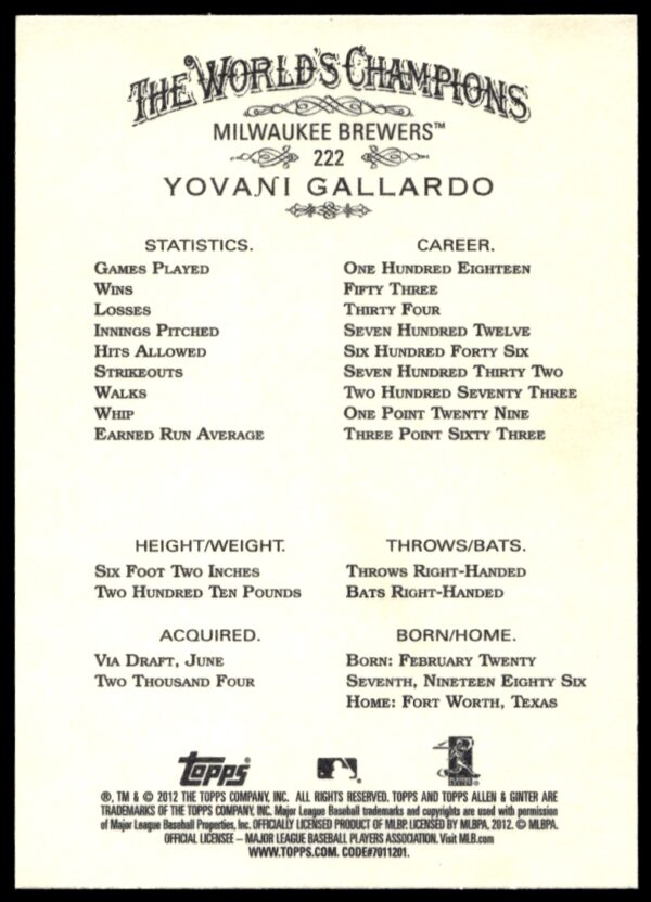 2012 Topps Allen & Ginter Yovani Gallardo #222 (Back)