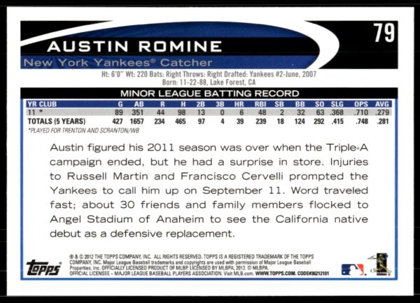 2012 Topps Austin Romine #79 (Back)