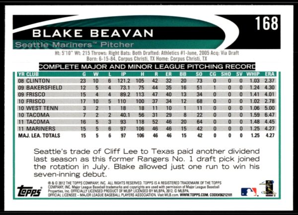 2012 Topps Blake Beavan #168 (Back)