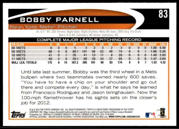 2012 Topps Bobby Parnell #83 (Back)