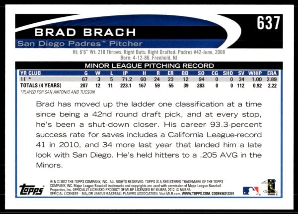 2012 Topps Brad Brach #637 (Back)