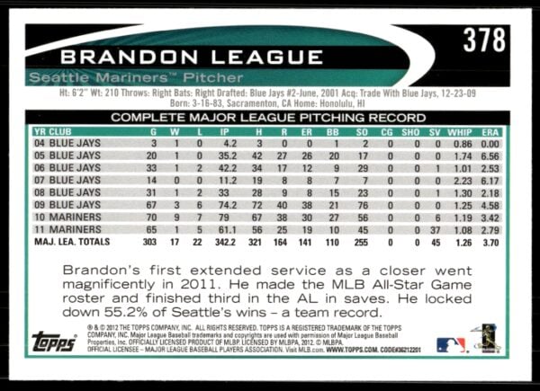 2012 Topps Brandon League #378 (Back)