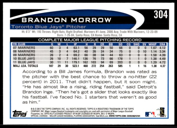 2012 Topps Brandon Morrow #304 (Back)