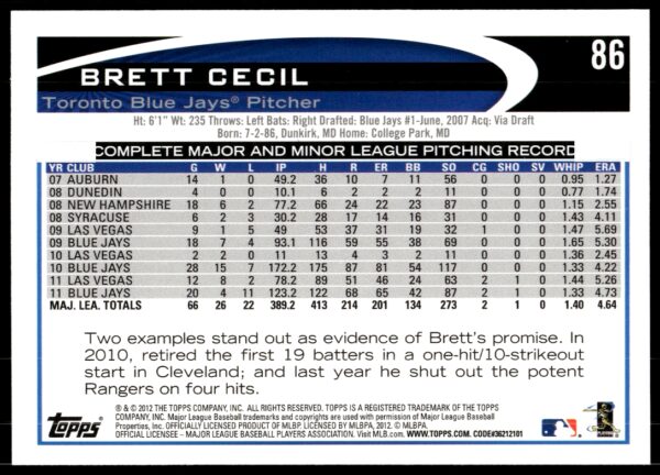 2012 Topps Brett Cecil #86 (Back)