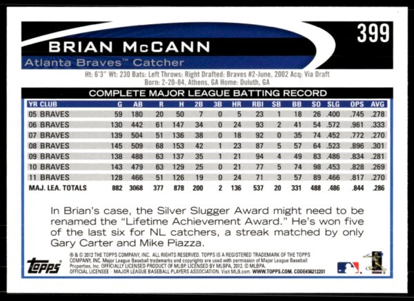 2012 Topps Brian McCann #399 (Back)