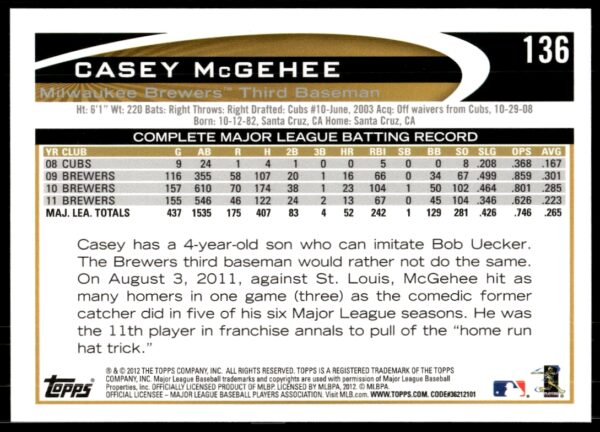 2012 Topps Casey McGehee #136 (Back)