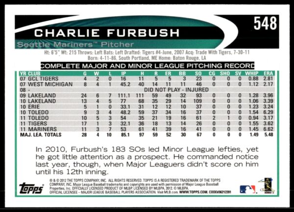 2012 Topps Charlie Furbush #548 (Back)