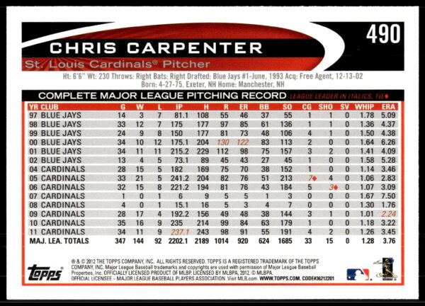 2012 Topps Chris Carpenter #490 (Back)