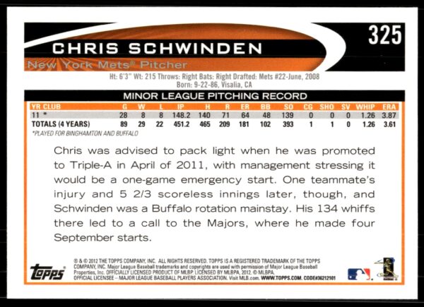 2012 Topps Chris Schwinden #325 (Back)