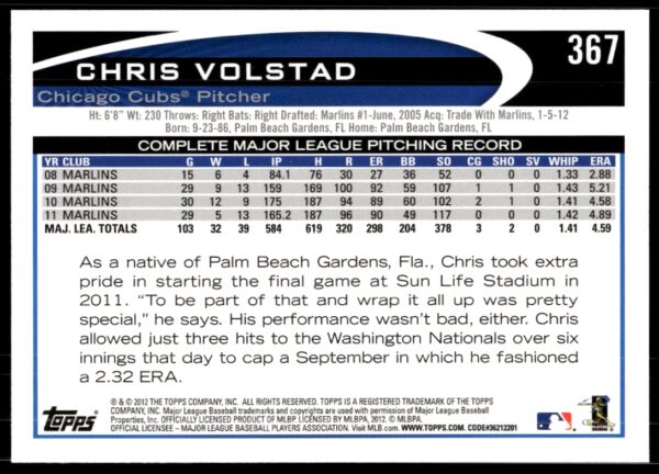 2012 Topps Chris Volstad #367 (Back)