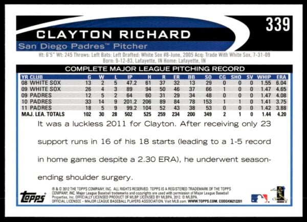 2012 Topps Clayton Richard #339 (Back)