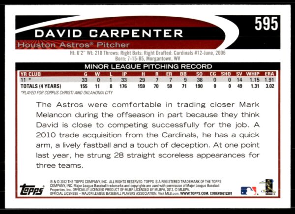 2012 Topps David Carpenter #595 (Back)