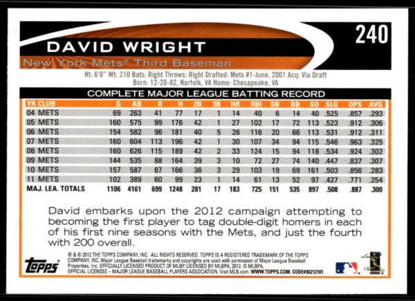 2012 Topps David Wright #240 (Back)