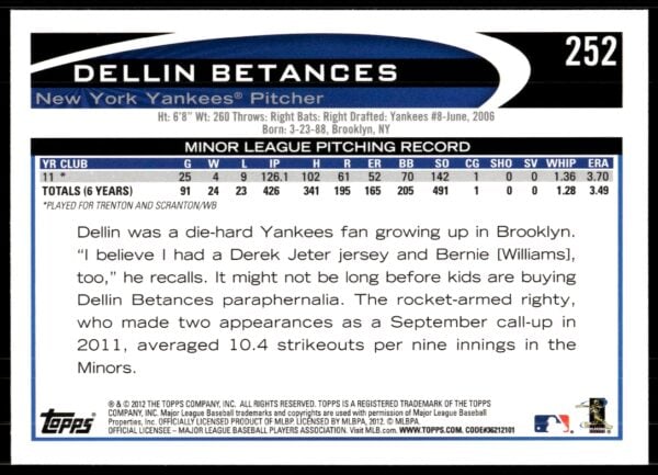 2012 Topps Dellin Betances #252 (Back)