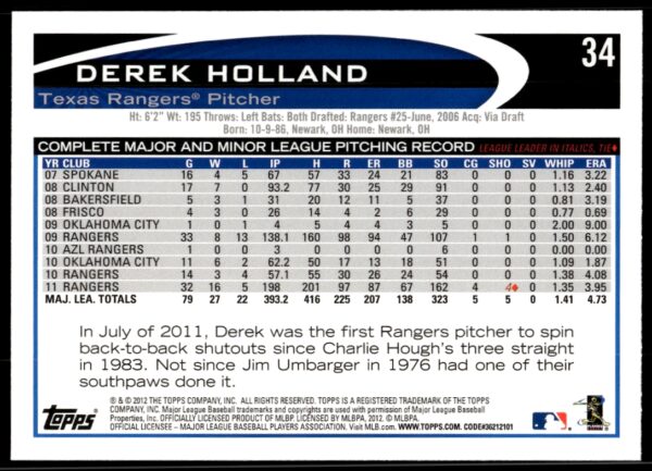 2012 Topps Derek Holland #34 (Back)