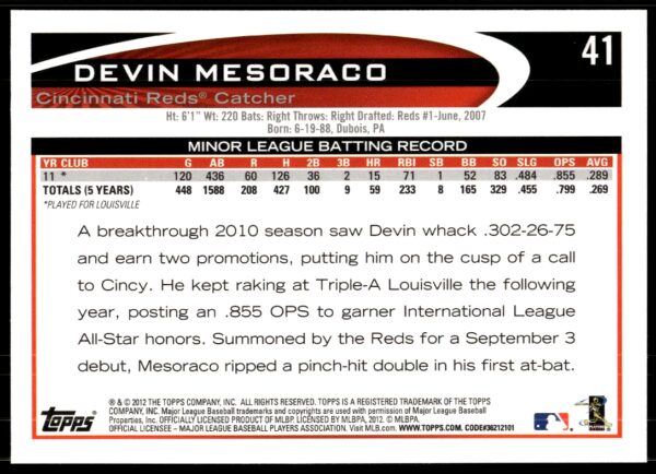 2012 Topps Devin Mesoraco #41 (Back)