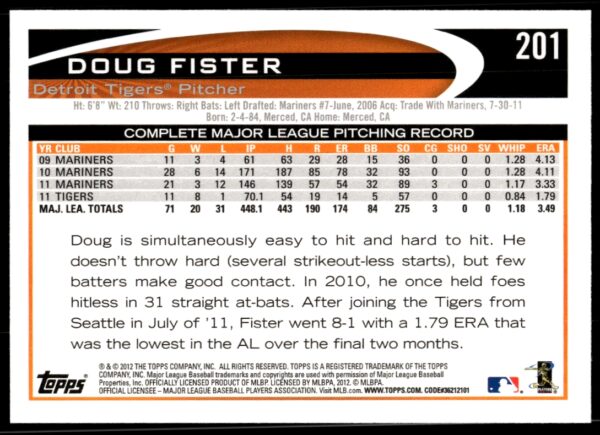 2012 Topps Doug Fister #201 (Back)