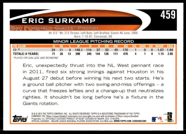 2012 Topps Eric Surkamp #459 (Back)