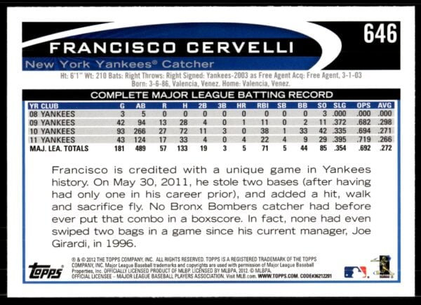 2012 Topps Francisco Cervelli #646 (Back)