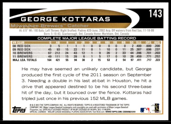 2012 Topps George Kottaras #143 (Back)