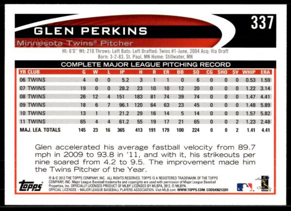 2012 Topps Glen Perkins #337 (Back)