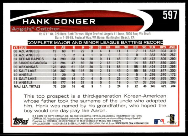 2012 Topps Hank Conger #597 (Back)