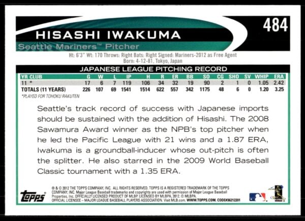 2012 Topps Hisashi Iwakuma #484 (Back)