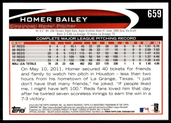 2012 Topps Homer Bailey #659 (Back)