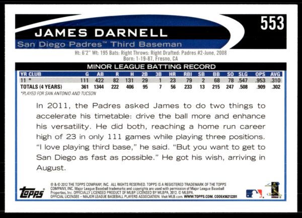 2012 Topps James Darnell #553 (Back)