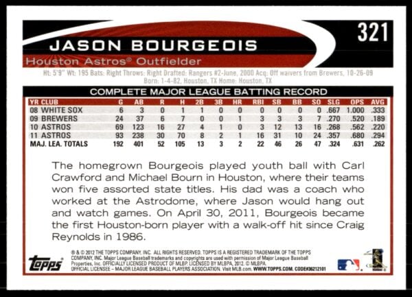 2012 Topps Jason Bourgeois #321 (Back)