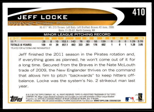 2012 Topps Jeff Locke #410 (Back)