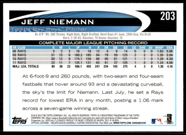 2012 Topps Jeff Niemann #203 (Back)