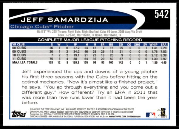 2012 Topps Jeff Samardzija #542 (Back)