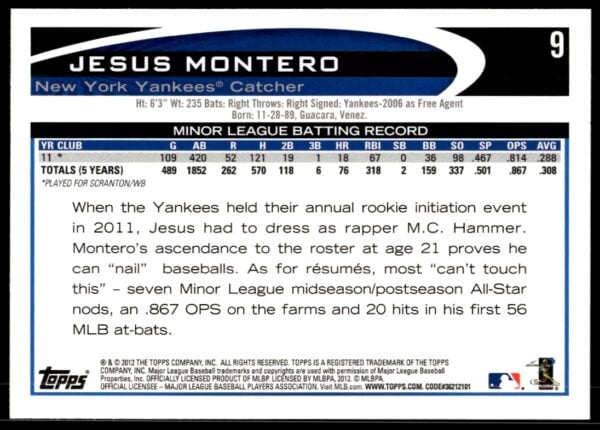 2012 Topps Jesus Montero #9 (Back)