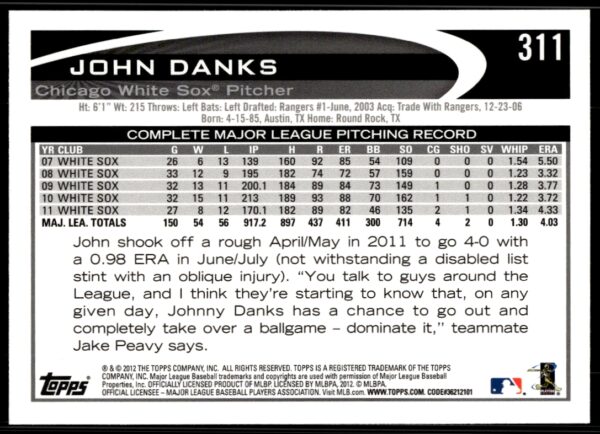 2012 Topps John Danks #311 (Back)