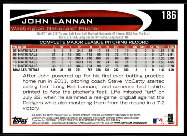 2012 Topps John Lannan #186 (Back)