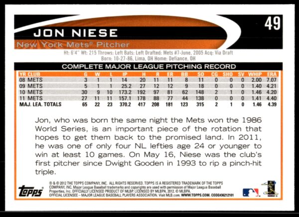 2012 Topps Jon Niese #49 (Back)