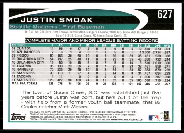 2012 Topps Justin Smoak #627 (Back)