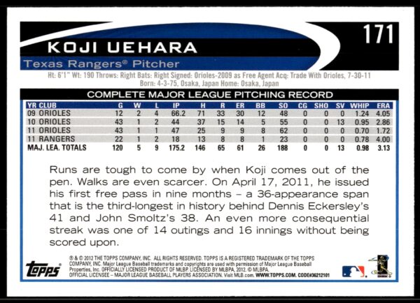 2012 Topps Koji Uehara #171 (Back)