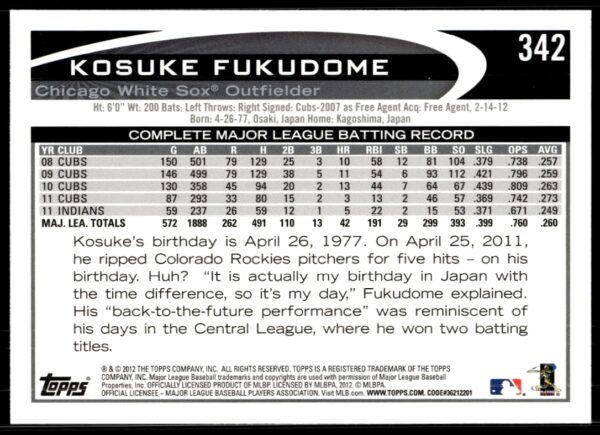 2012 Topps Kosuke Fukudome #342 (Back)