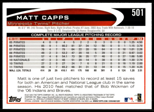 2012 Topps Matt Capps #501 (Back)