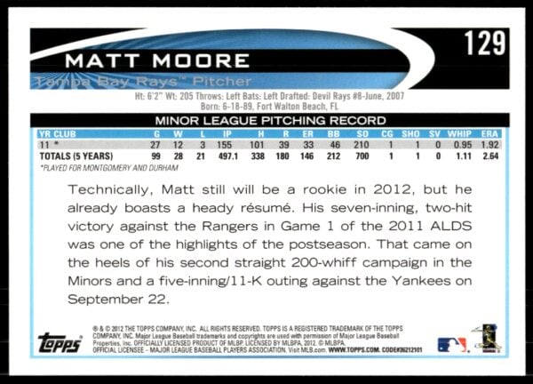 2012 Topps Matt Moore #129 (Back)